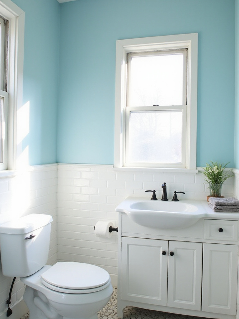 Budget bathroom makeover featuring fresh blue painted walls and a repainted white vanity.