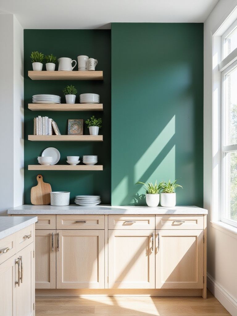 Modern kitchen with a deep forest green accent wall featuring open shelves displaying ceramics and plants.