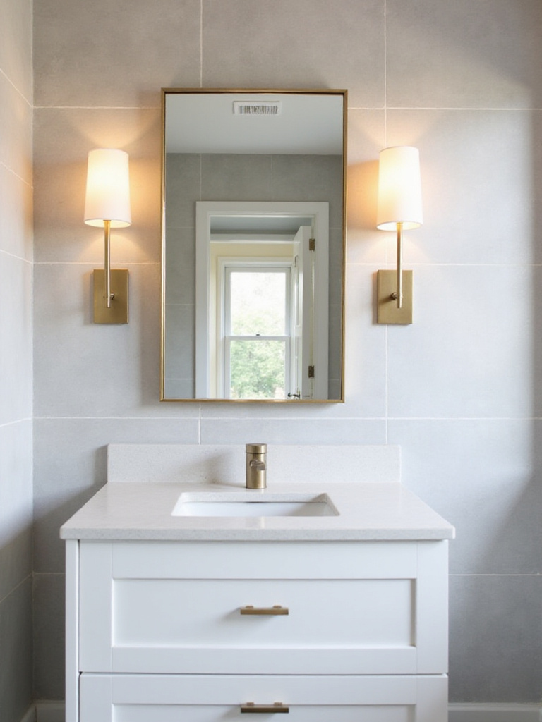 Bathroom vanity with sconces at eye level providing balanced lighting