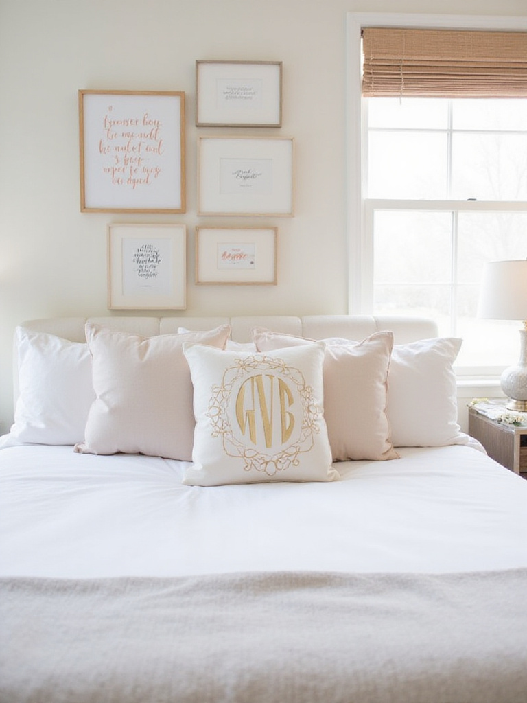 Bedroom decor featuring monogrammed pillow and custom-printed gallery wall art.