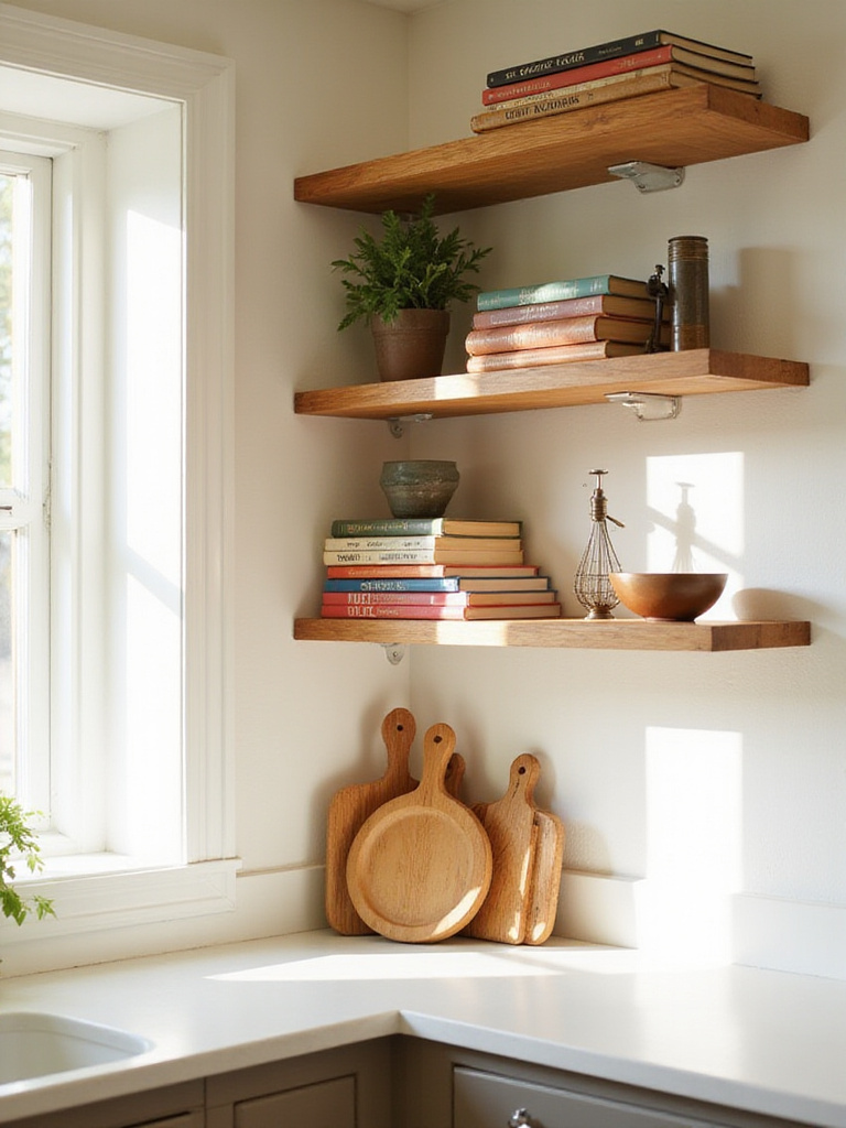 Kitchen open shelves displaying a collection of vintage cookbooks, ceramic bowls, and antique kitchen gadgets under warm sunlight.
