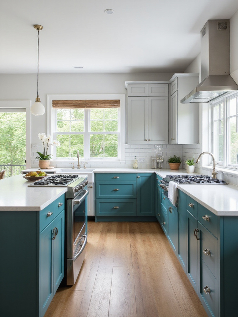 Modern kitchen interior design with two-tone teal and gray cabinets, white quartz countertop, and stainless steel appliances.