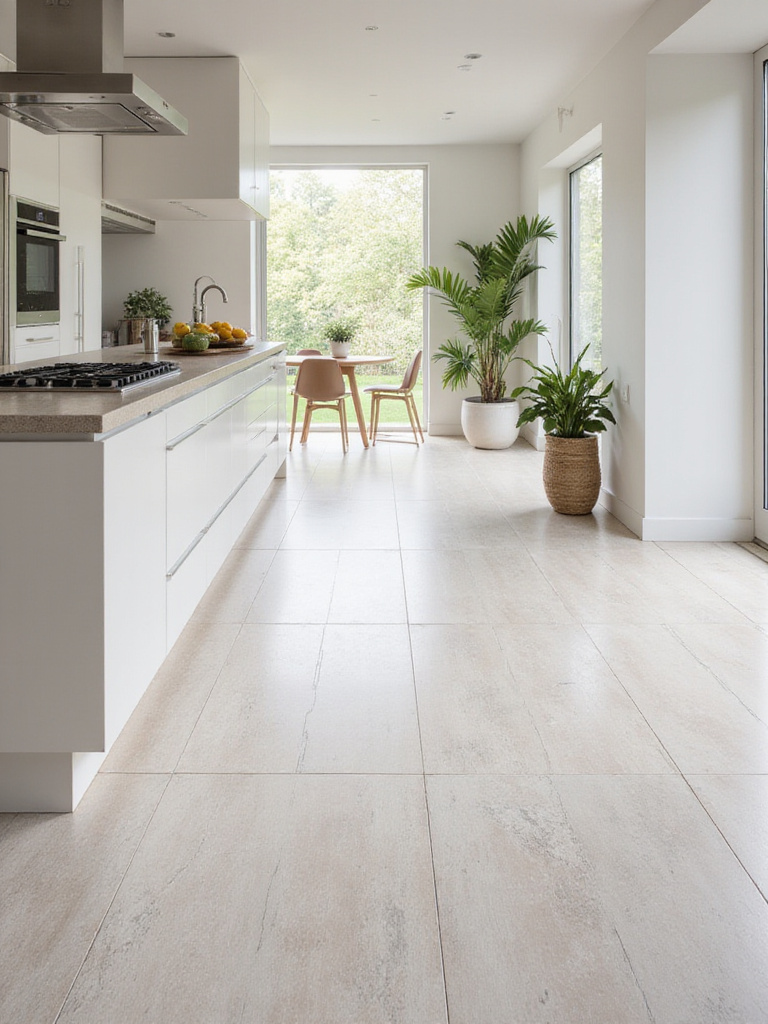 View of a modern kitchen floor featuring large format porcelain tiles with subtle veining, extending under a kitchen island towards sleek cabinetry.