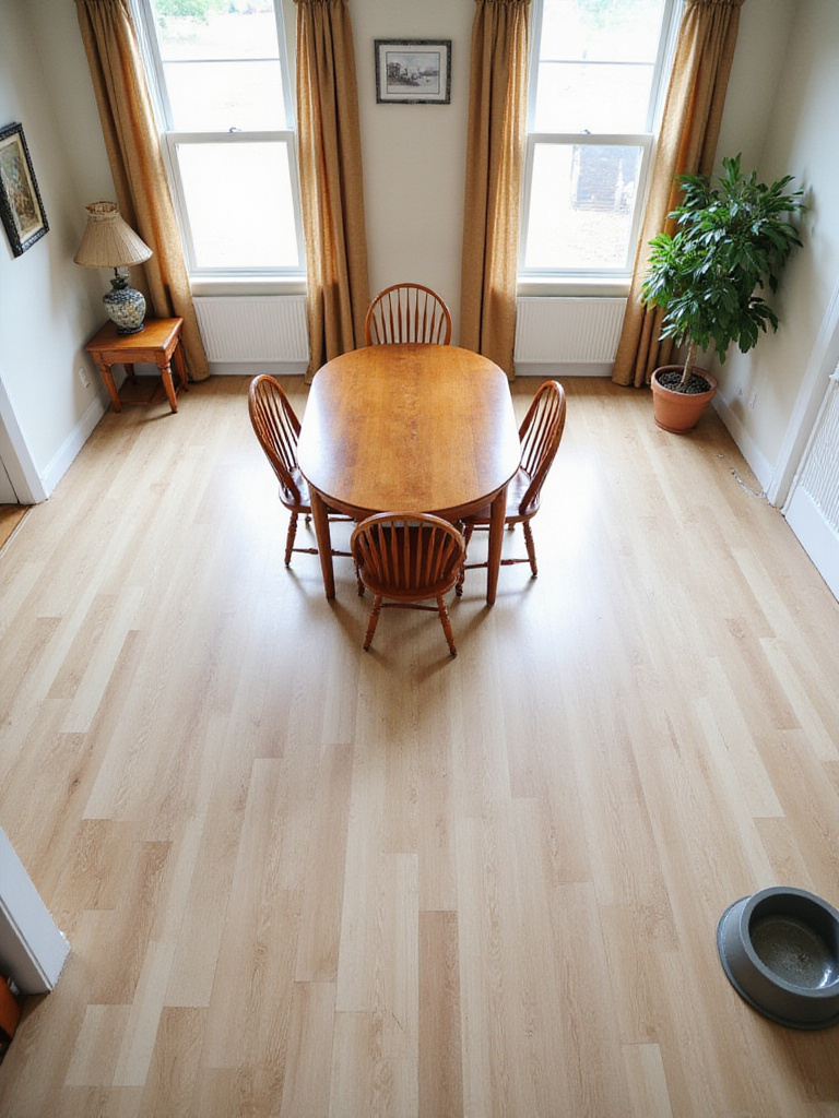A dining room with planned traffic flow, ensuring at least 42-48 inches of clearance around the table for easy movement for both people and pets