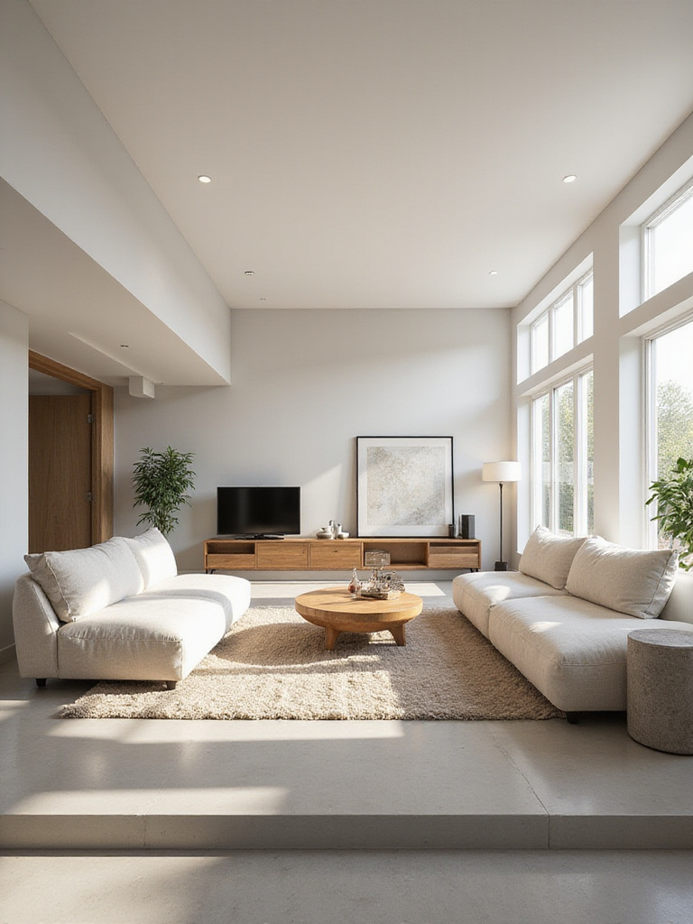 A future-proof living room featuring a modular sectional sofa, durable coffee table, and media console, designed for flexibility and longevity.