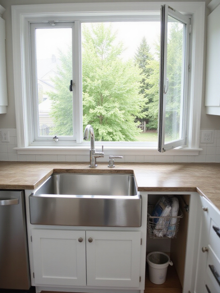Modern kitchen featuring a large stainless steel sink strategically placed under a window, illustrating efficient plumbing planning and kitchen workflow design during renovation.