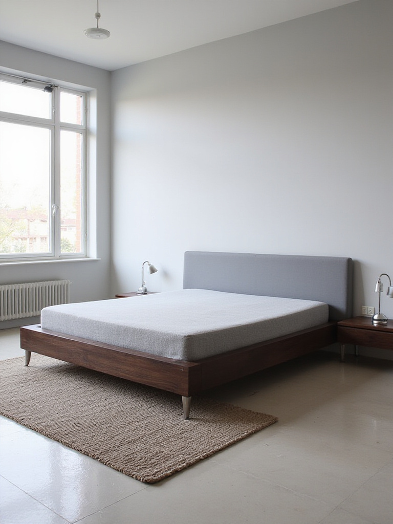 Modern bedroom with dark wood platform bed and minimalist design