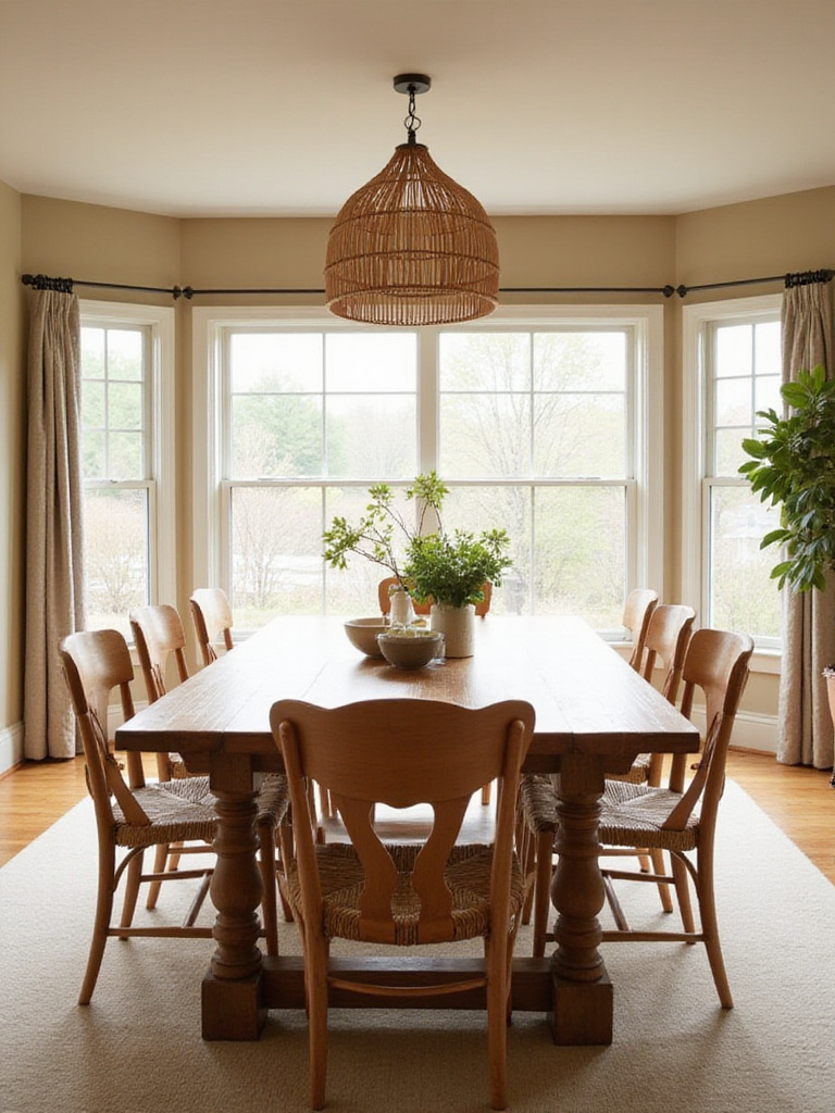 Farmhouse dining room featuring distressed wood table and natural wood chairs.