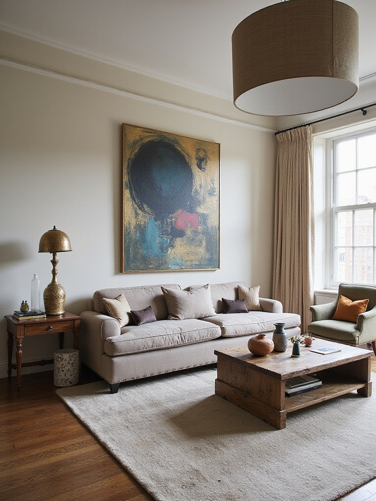 An eclectic living room demonstrating a playful use of scale and proportion, featuring a large sofa, small accent chair, oversized art, and varied lighting fixtures and accessories.