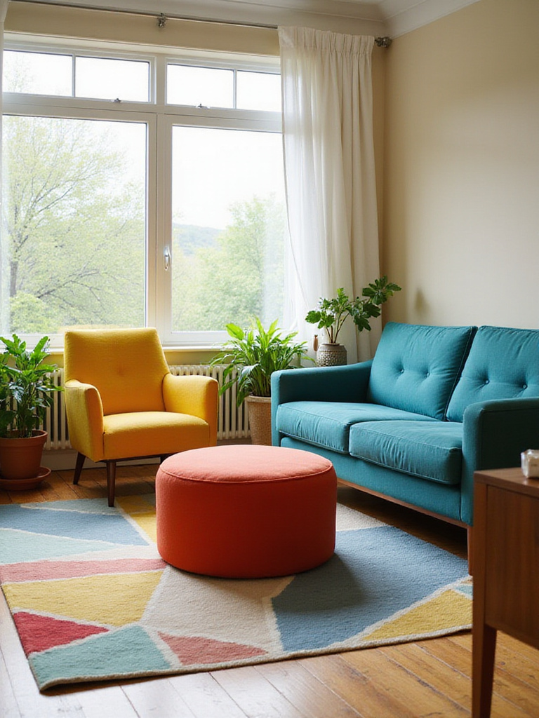 A vibrant living room featuring a teal sofa, yellow accent chair, and red ottoman arranged on a colorful geometric rug.