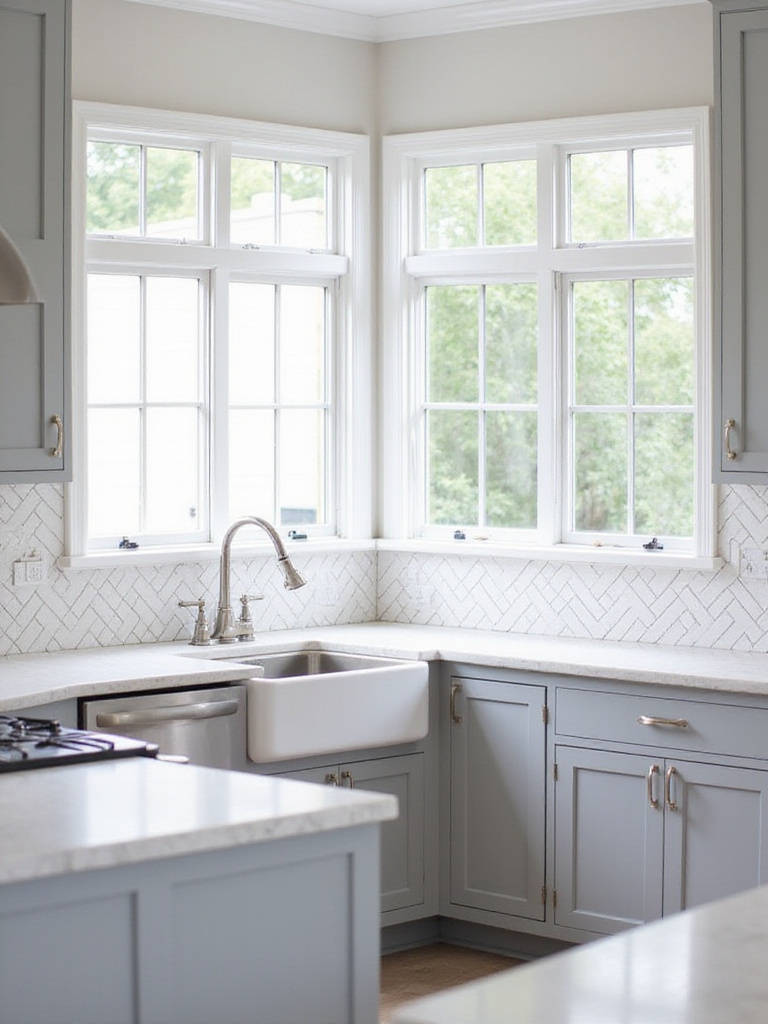Kitchen backsplash featuring white ceramic subway tiles arranged in a classic herringbone pattern above a sink and countertop.