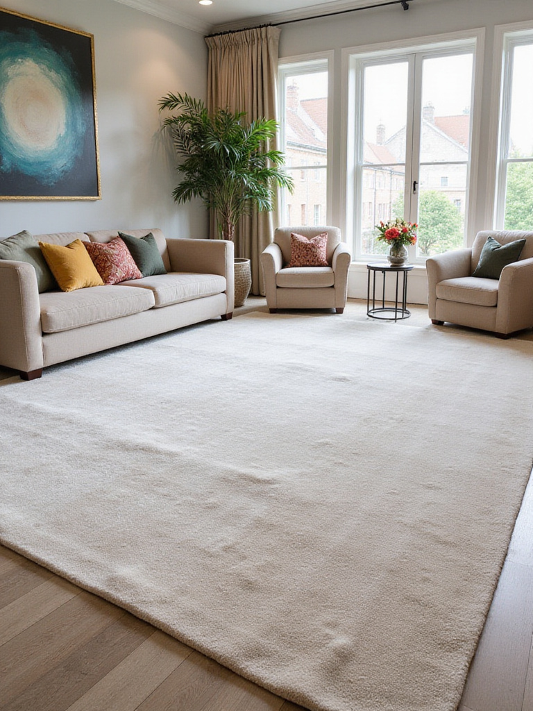 Luxurious living room with oversized plush area rug grounding furniture