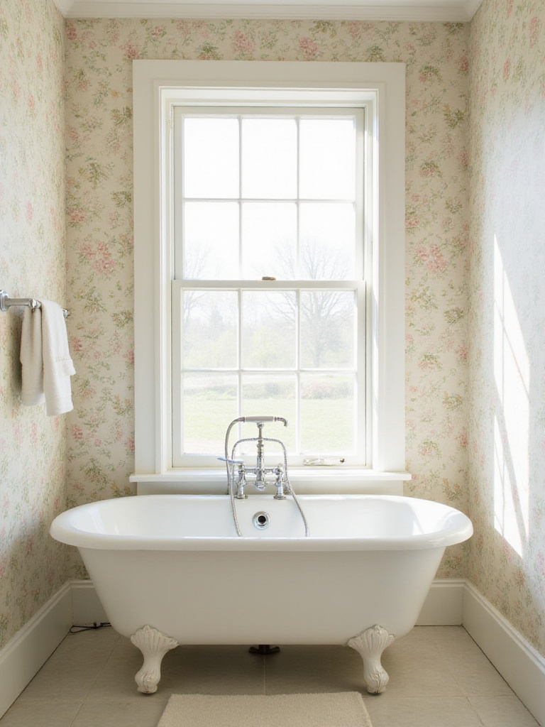 A vintage bathroom with walls covered in soft pastel floral wallpaper, featuring a white clawfoot tub and pedestal sink under natural light.