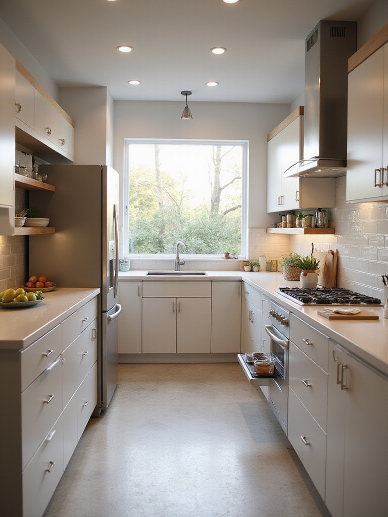 Modern kitchen renovation showcasing excellent workflow and ergonomic design. The layout features clear zones, comfortable counter heights, and ample aisle space for efficient movement and comfortable use.