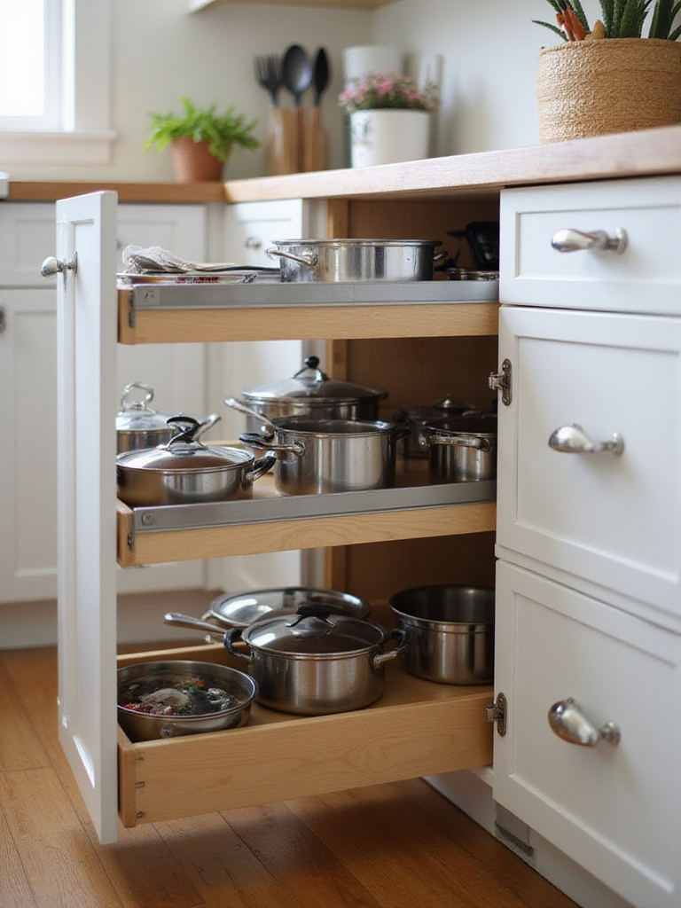 View inside a deep kitchen base cabinet with two pull-out shelves extended, showing organized pots, pans, and cooking tools.