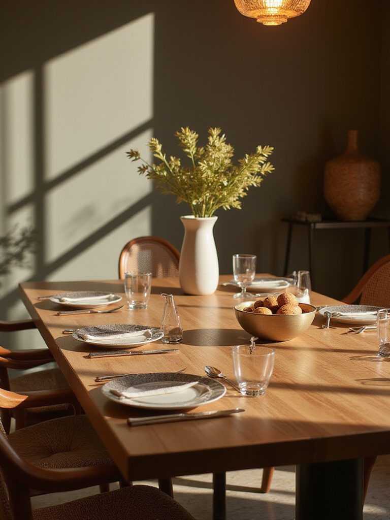 A modern dining table with elegant tableware, styled in warm lighting.