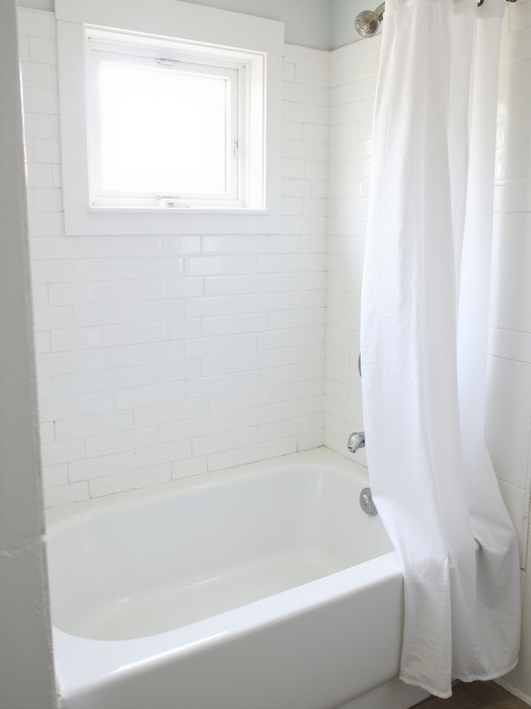 A beautifully refinished white bathtub and subway tile shower surround in a bright, budget-friendly bathroom makeover.