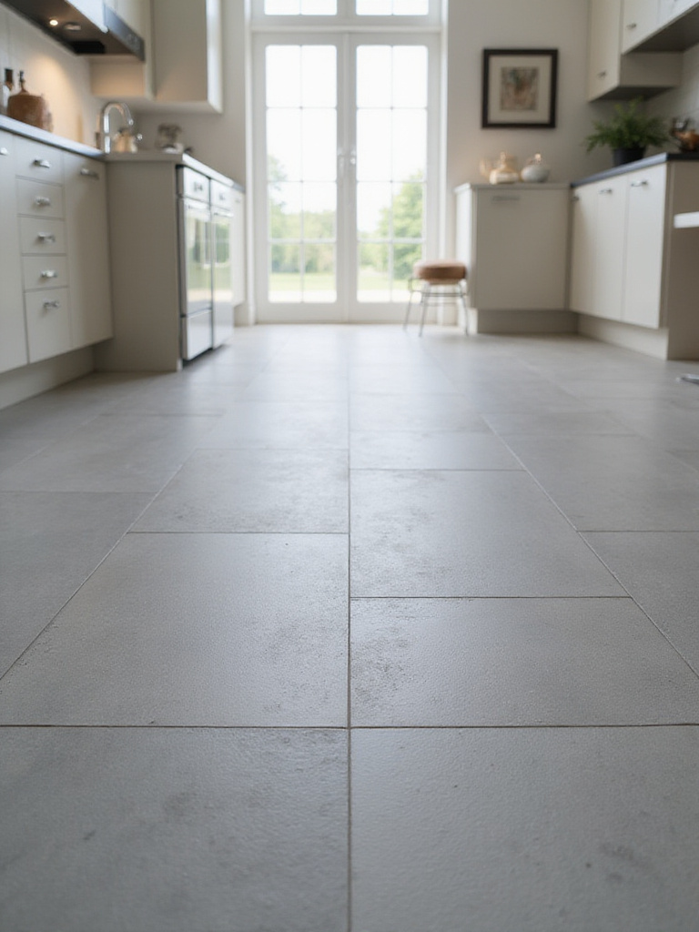 Modern kitchen floor featuring large format gray porcelain tiles.
