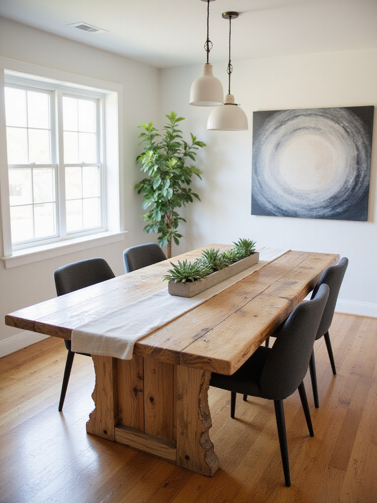 A sustainable dining table made from reclaimed wood in a bright, modern dining room.