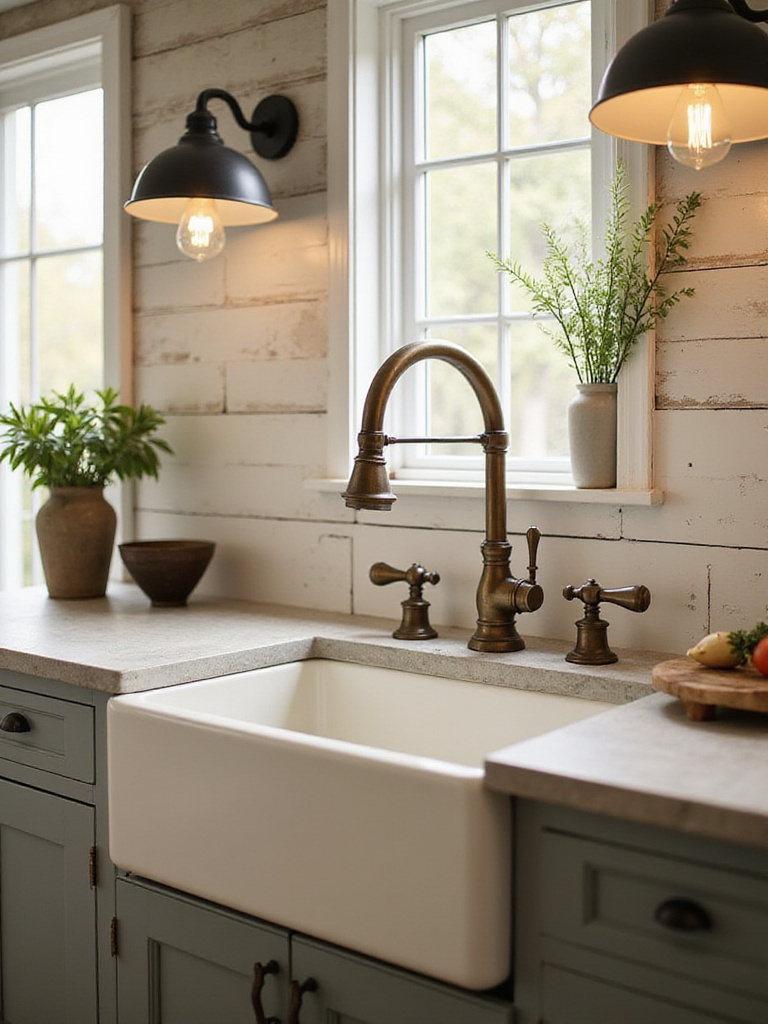 Antique brass bridge faucet over a white farmhouse sink in a rustic kitchen with wood countertops.