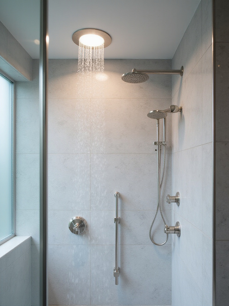 Modern shower with wet-rated recessed LED lighting illuminating the water.