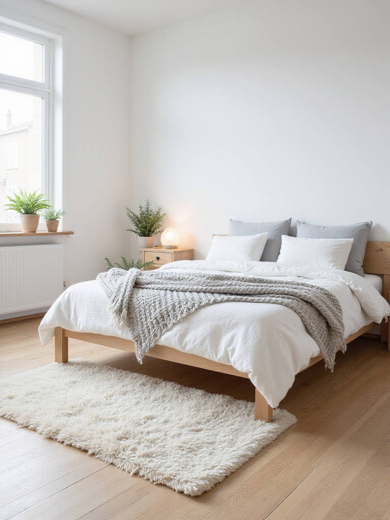 A serene Scandinavian bedroom featuring a light wood bed, layered neutral textiles, soft lighting, and minimalist decor.