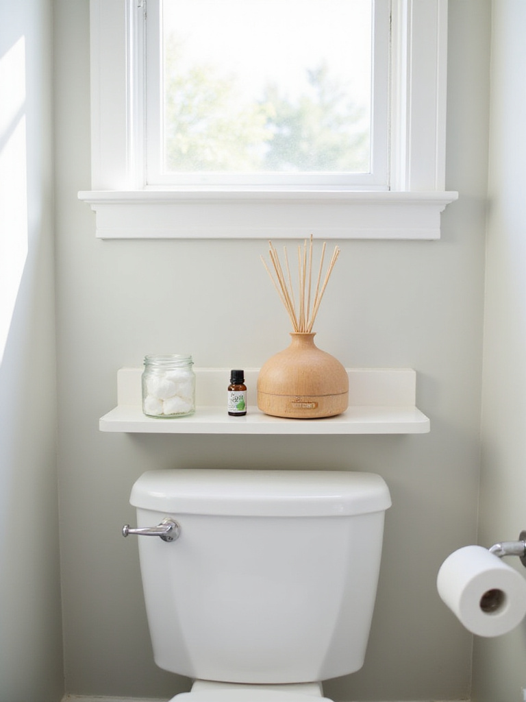 A reed diffuser and essential oil bottle on a shelf in a clean, modern bathroom, illustrating budget-friendly ways to add fragrance.