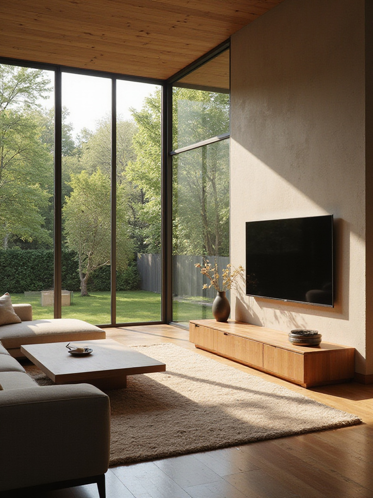 Luxurious living room with integrated smart home technology, featuring minimalist design and automated lighting.