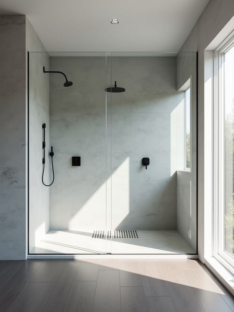 Modern bathroom with a large walk-in shower featuring frameless glass panels, gray concrete-effect tiles, and minimalist black fixtures, creating a seamless, open space.