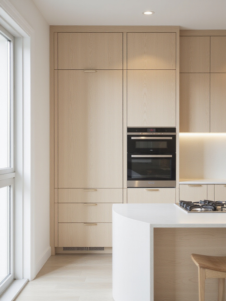 Modern kitchen with seamlessly integrated appliances and light wood cabinetry