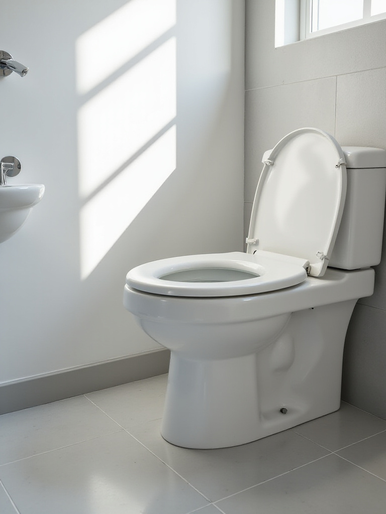A clean white toilet in a modern bathroom featuring a newly installed, sleek toilet seat, showcasing a simple budget-friendly update.