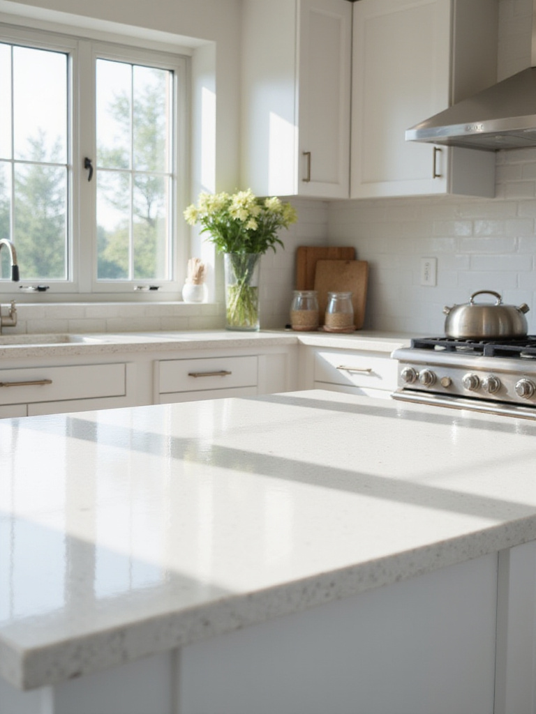 A modern kitchen with a quartz countertop, showcasing durability and low-maintenance features.