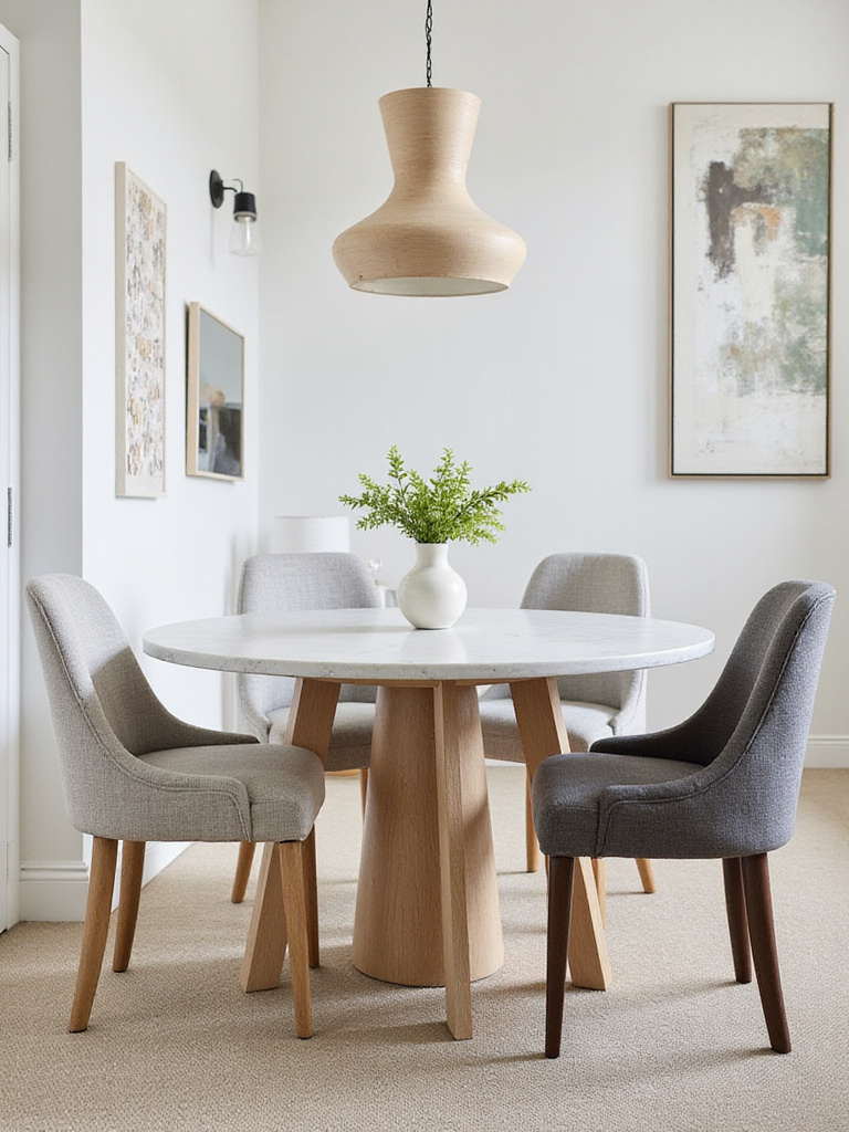 Durable and easy-to-clean surfaces and fabrics selected for a dining room, such as a quartz tabletop and performance fabric chairs, ideal for homes with pets.