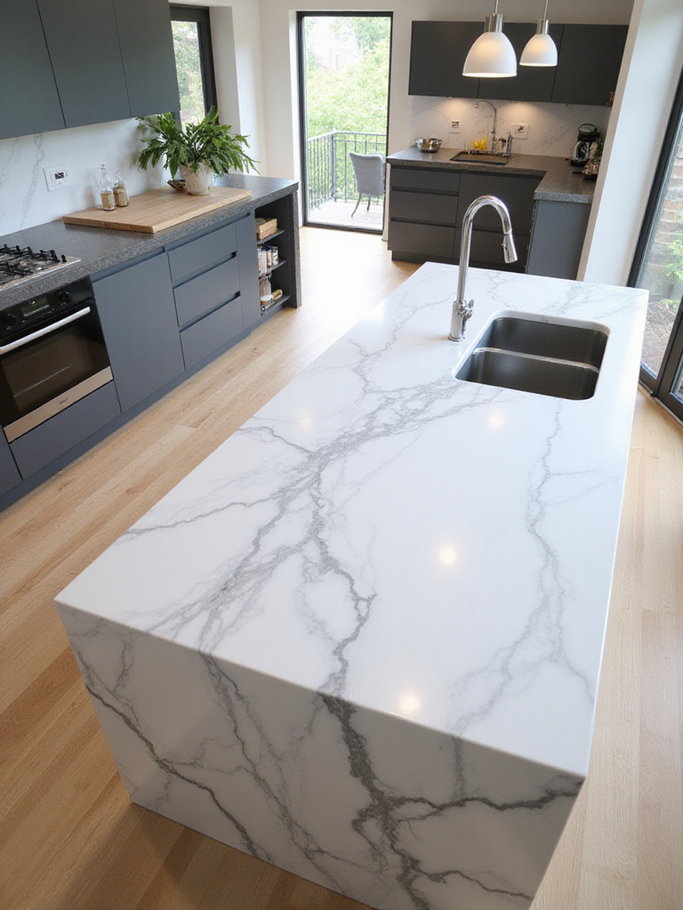 A modern kitchen featuring a large island with a white quartz waterfall countertop showcasing bold grey veining.