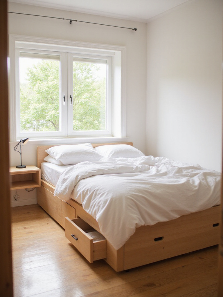 Small bedroom with storage bed and floating nightstand, maximizing space.