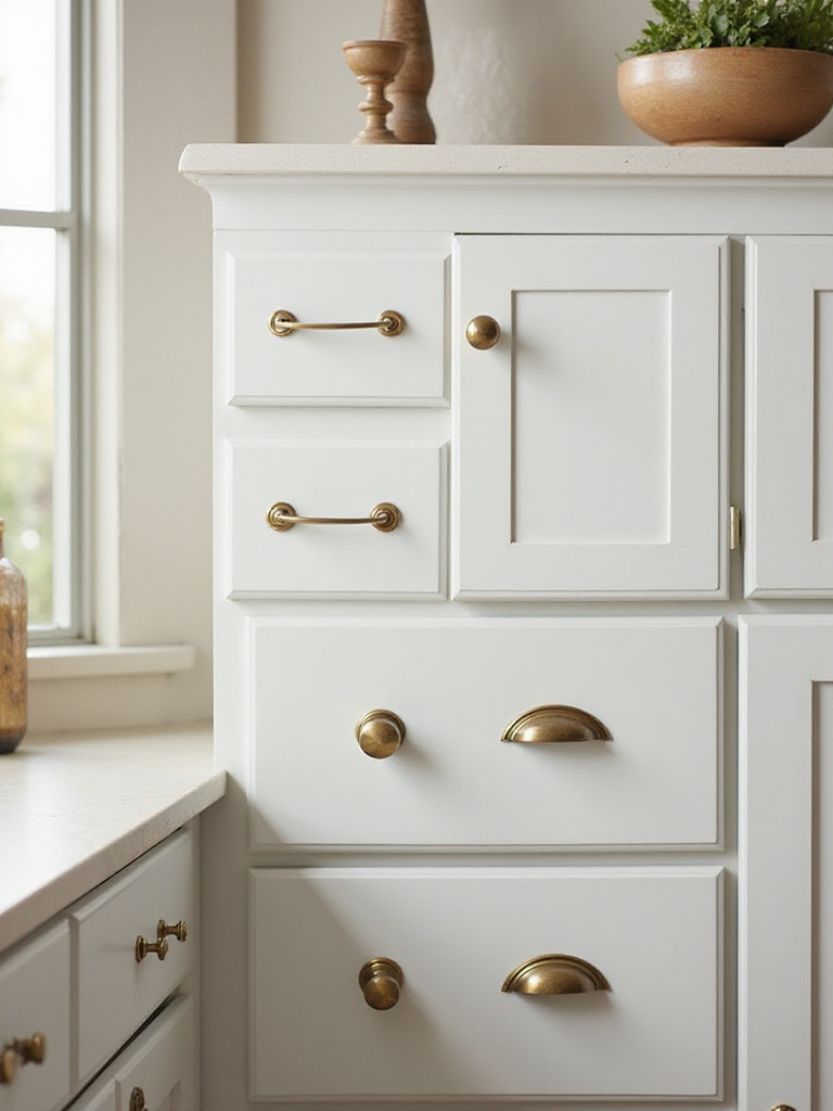 Assortment of kitchen cabinet hardware styles including pulls, knobs, and cup pulls displayed on various cabinet types, illustrating design choices.