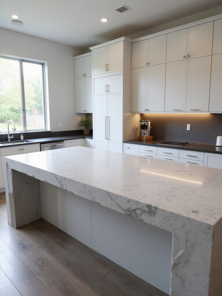 View of a transitional kitchen showcasing a light grey quartz island countertop and dark solid surface perimeter countertops, illuminated by natural light and under-cabinet lighting.