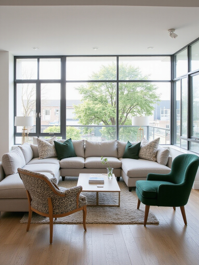 Modern living room featuring a neutral sectional sofa opposite two distinct accent chairs, illustrating versatile seating arrangements.