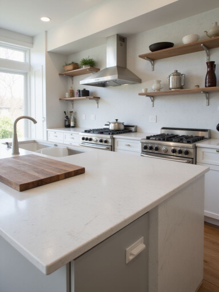 Modern kitchen featuring quartz, butcher block, and stainless steel countertops