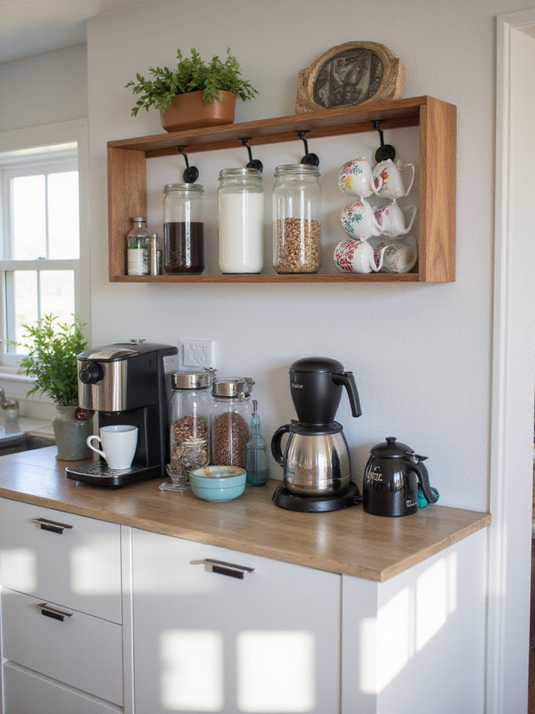 A stylish coffee and beverage station set up on a kitchen counter, featuring a coffee machine, organized supplies, and decorative mugs.