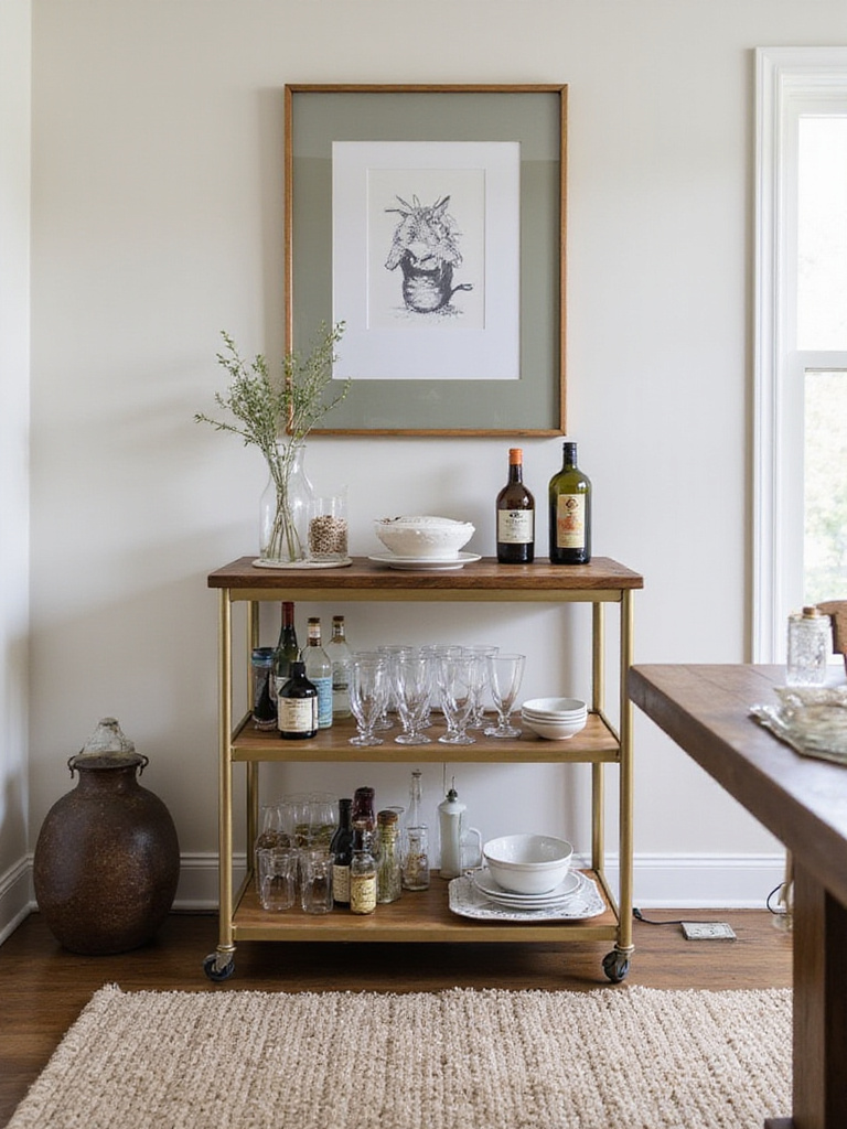 A dedicated serving or bar cart area in a dining room, keeping drinks and food elevated and safely away from pets during gatherings.
