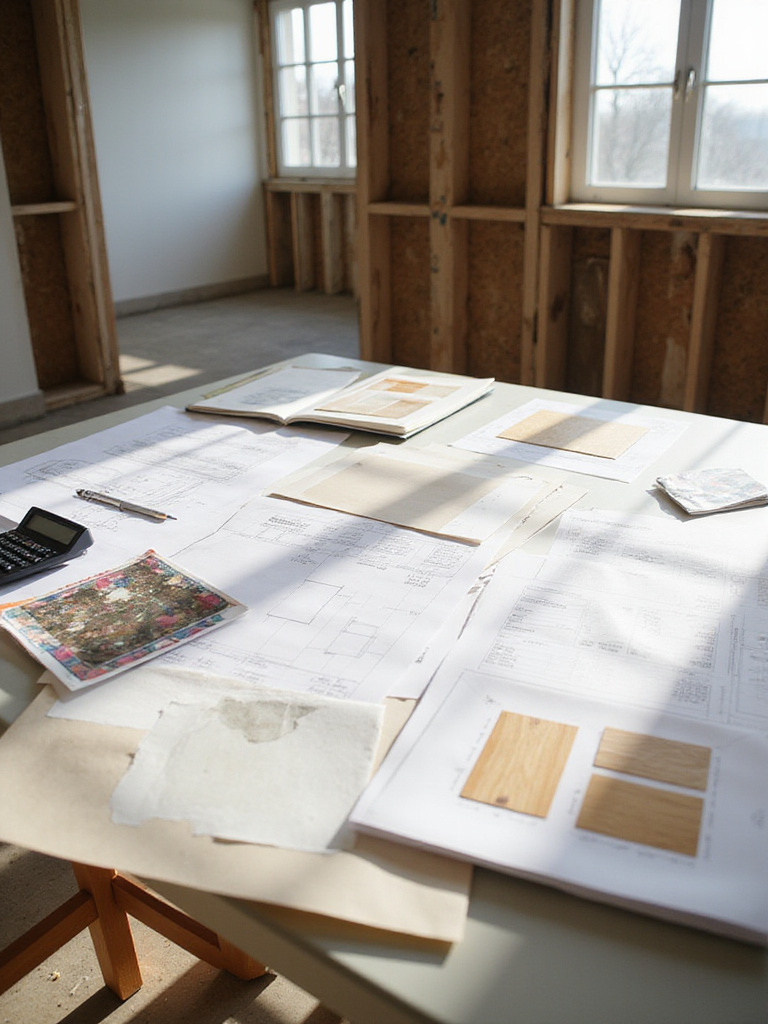 Kitchen renovation planning table with blueprints, material samples, calculator, and cost breakdown spreadsheets, symbolizing budget setting and financial planning.