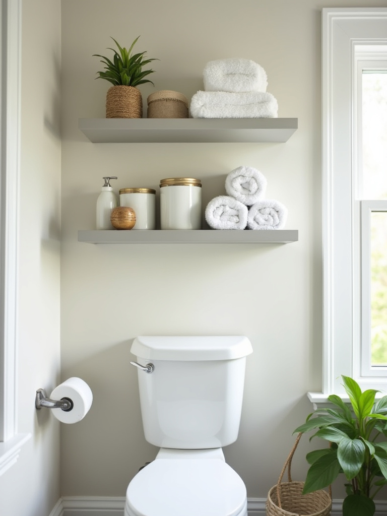 Budget-friendly bathroom featuring stylish wall-mounted shelves above the toilet and a corner shelf unit, organized with towels, plants, and toiletries.