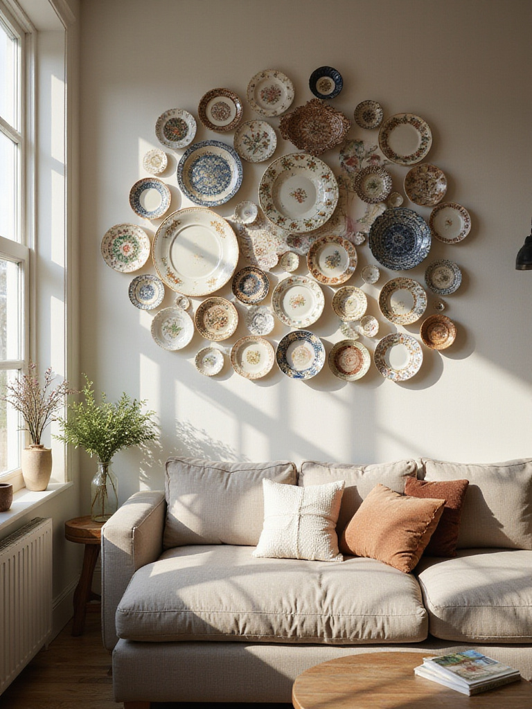 Living room wall artfully displaying a collection of vintage decorative plates in a curated, organic arrangement.