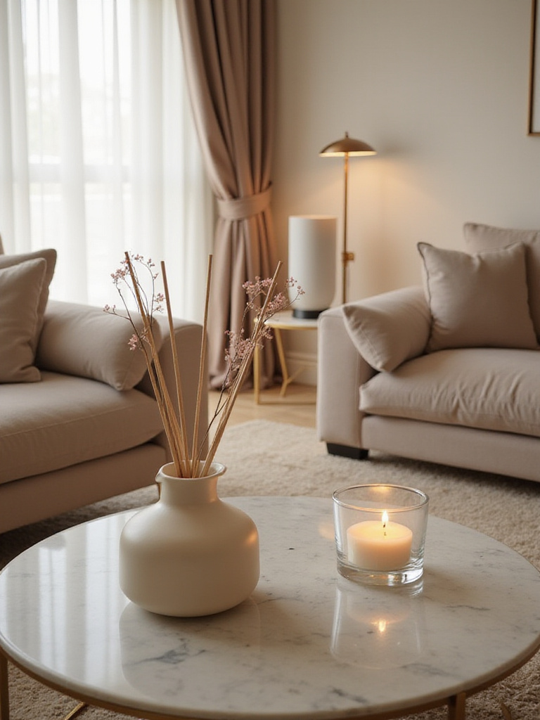 Luxury living room featuring a signature scent diffuser and candle on a coffee table.