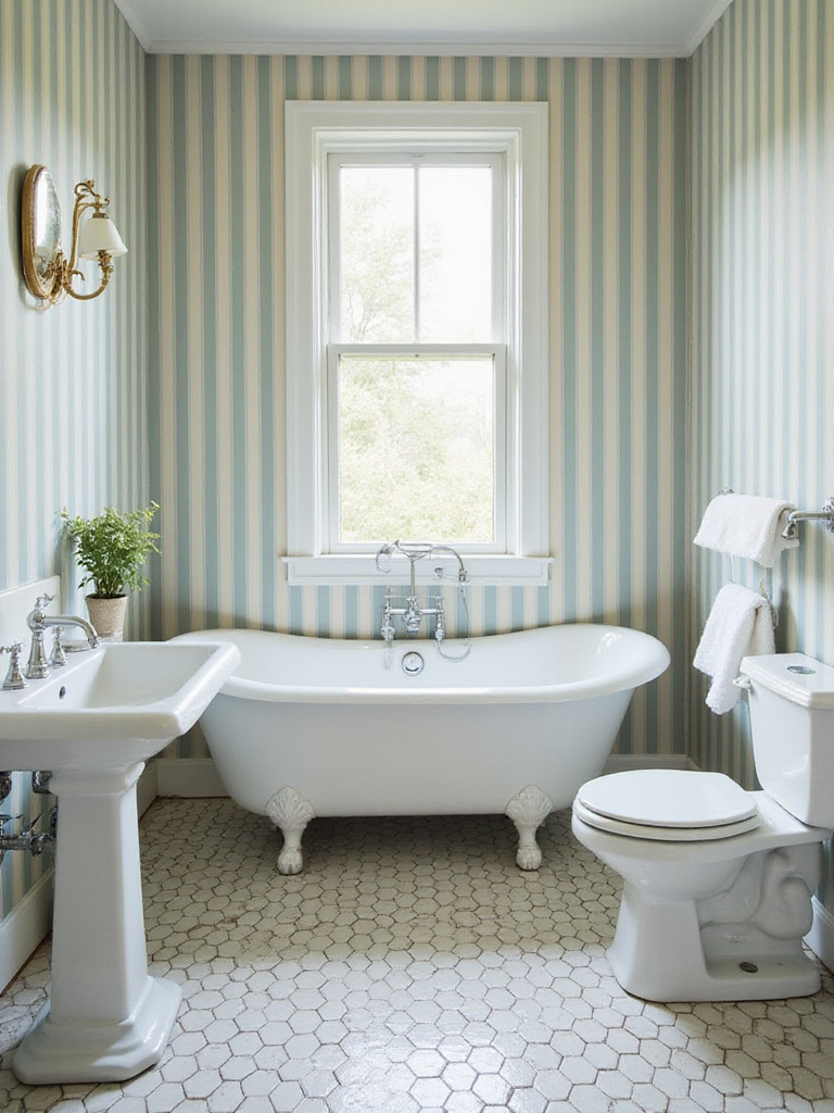 Vintage bathroom featuring classic vertical stripe wallpaper in blue and cream, a pedestal sink, and a clawfoot tub.