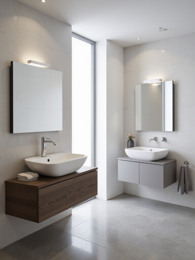 Modern bathroom featuring two vanity styles: one with a white ceramic vessel sink on a dark floating vanity and another with a seamless light grey integrated basin, showcasing different modern sink options.