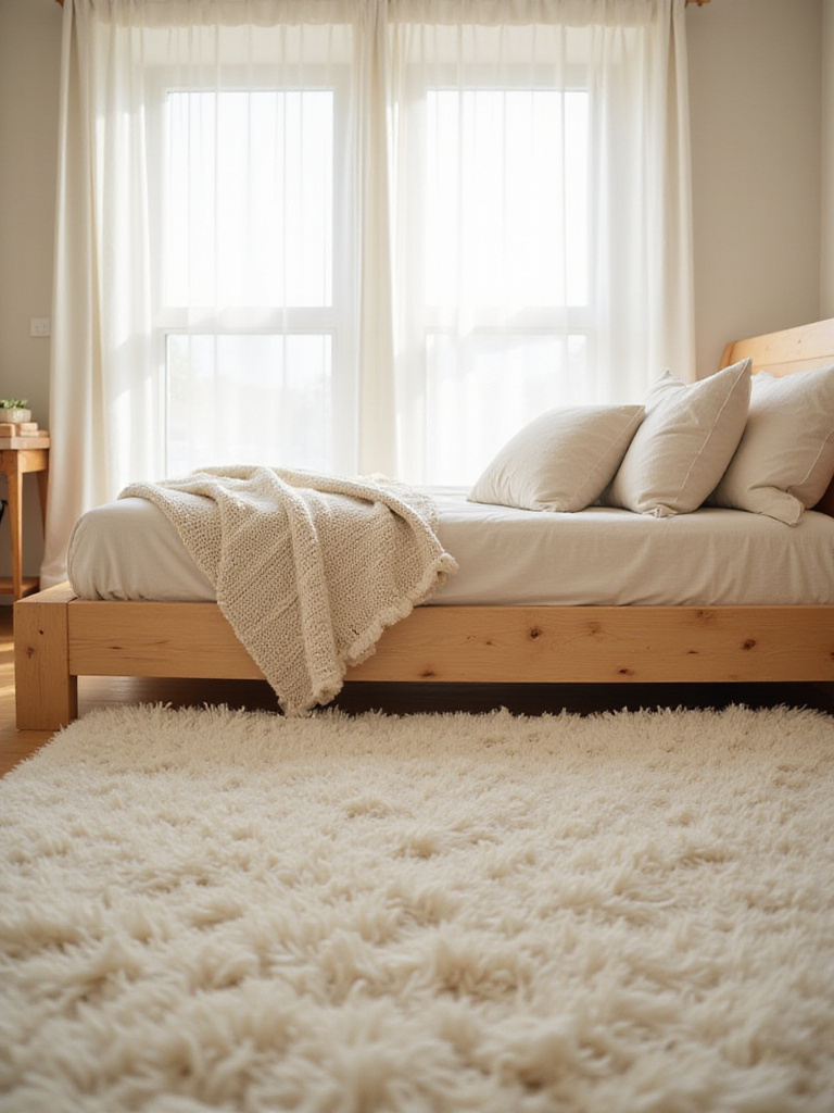 Cozy bedroom with white shag rug under bed