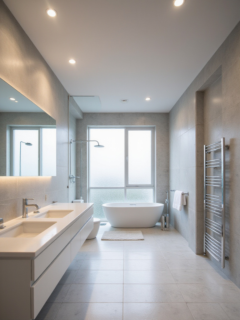 Modern bathroom with sleek recessed lighting creating a clean and bright space.