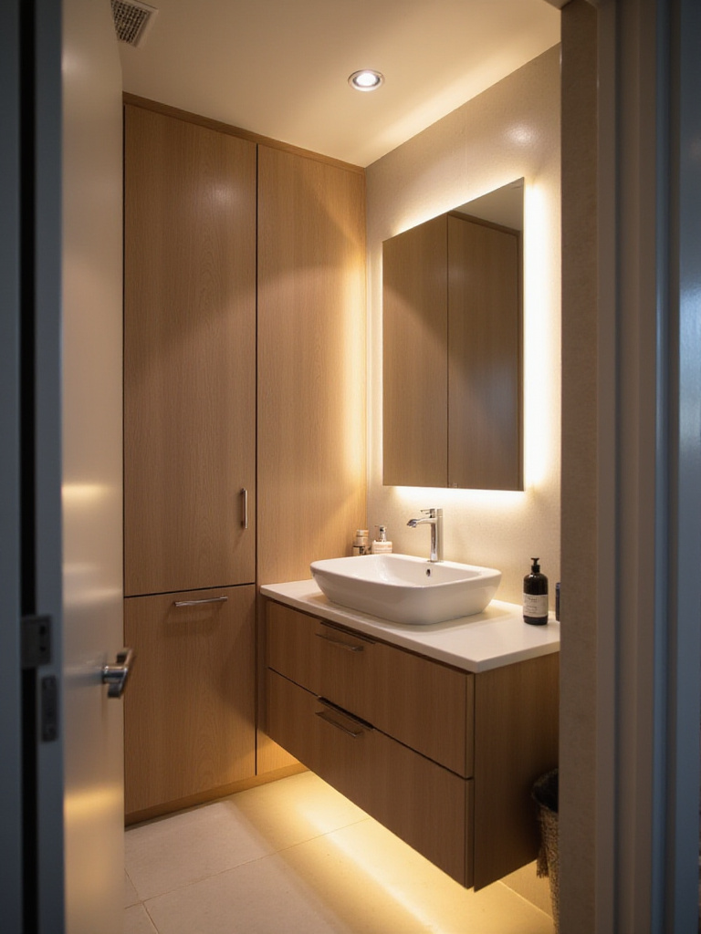 Small modern bathroom with smart LED vanity lighting and recessed ceiling lights creating a relaxing atmosphere